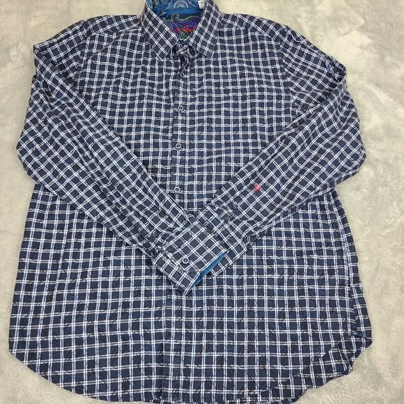 Robert Graham Shirt Mens L Blue Plaid Pailsey Flip‎ Cuff Classic Fit Long Sleeve - Picture 1 of 10
